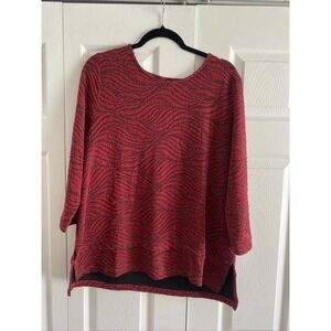 Chico's Metallic Wave Knit Tunic Womens Size 3 XL Red Shimmer 3/4 Sleeve Holiday